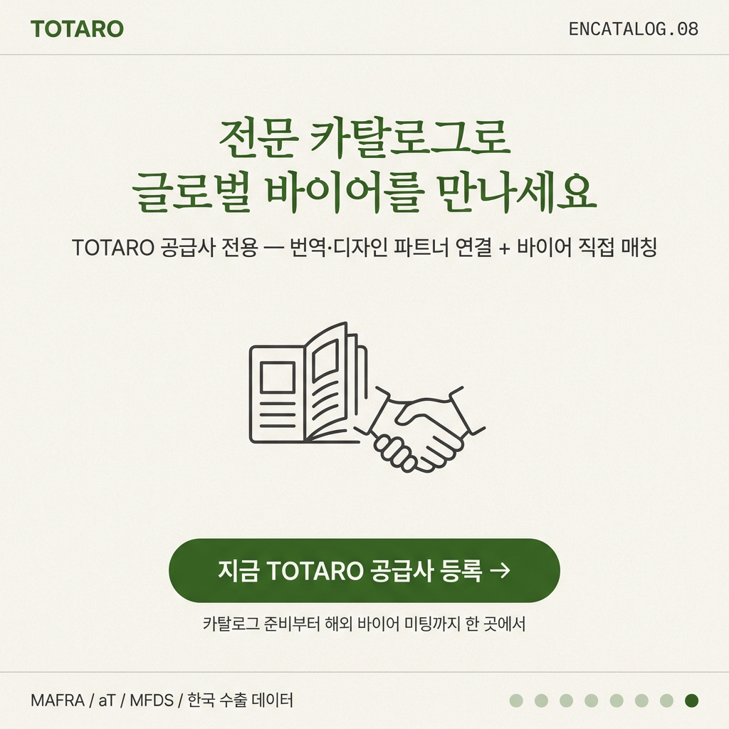 TOTARO 영문 카탈로그 제작 지원 및 바이어 매칭 CTA 안내