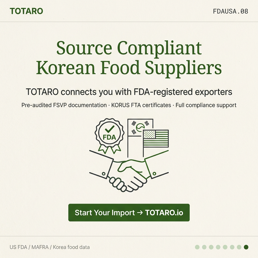 Closing CTA card for TOTARO Korean food sourcing and compliance support