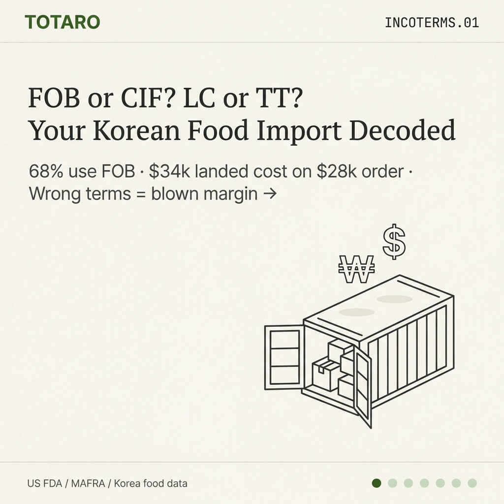 Hook card showing Korean food import cost breakdown with Incoterms