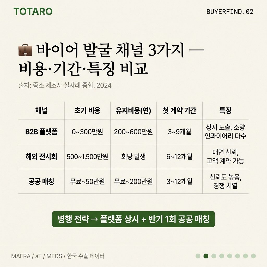 바이어 발굴 3대 채널 비용 기간 비교표 - B2B 플랫폼, 전시회, 공공 매칭