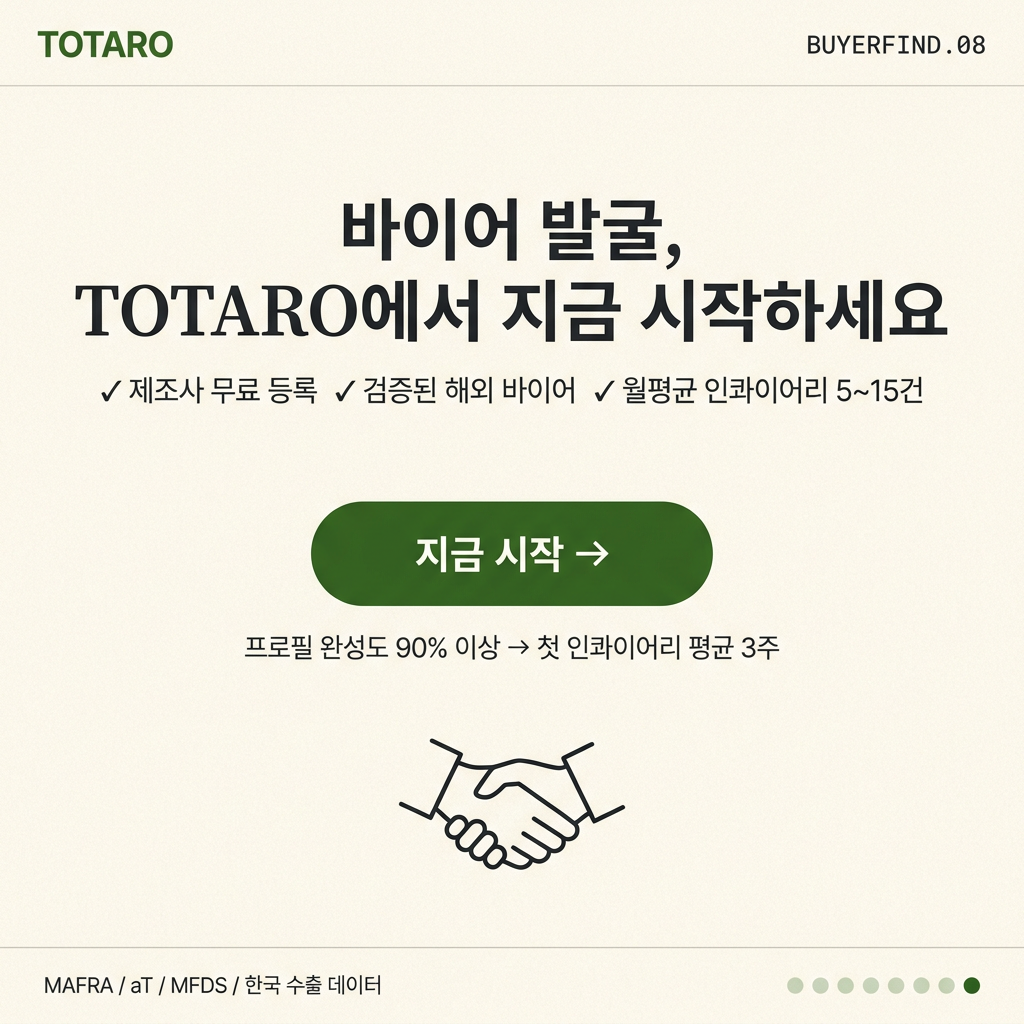 토타로 바이어 매칭 CTA - 제조사 무료 등록 안내 및 시작 버튼