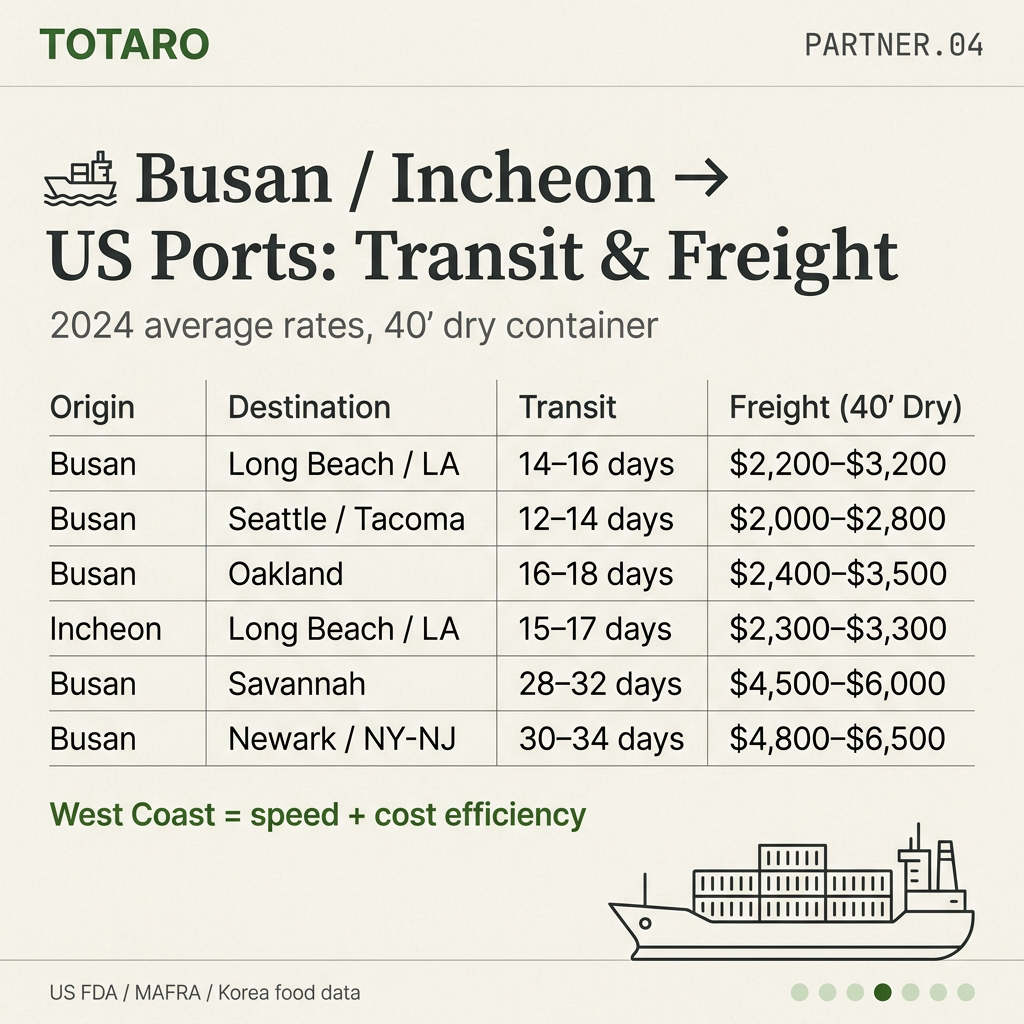 Korea to US port transit times and freight costs