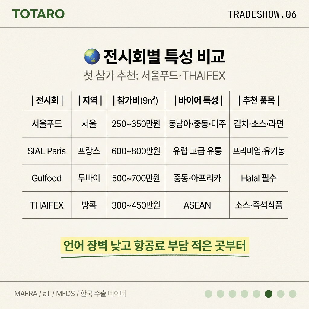 전시회별 참가비, 바이어 특성, 추천 품목 비교 테이블