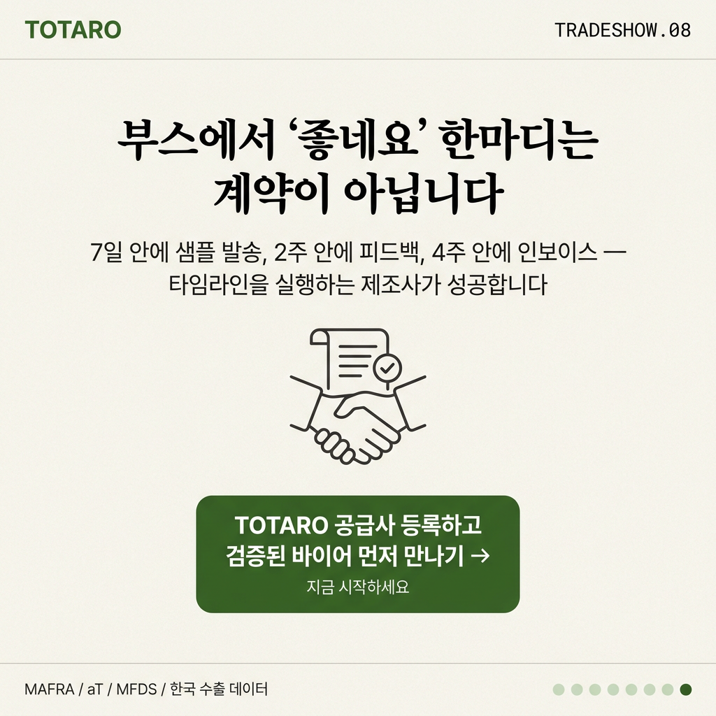 전시회 수출 계약 성공을 위한 TOTARO 공급사 매칭 시작 CTA