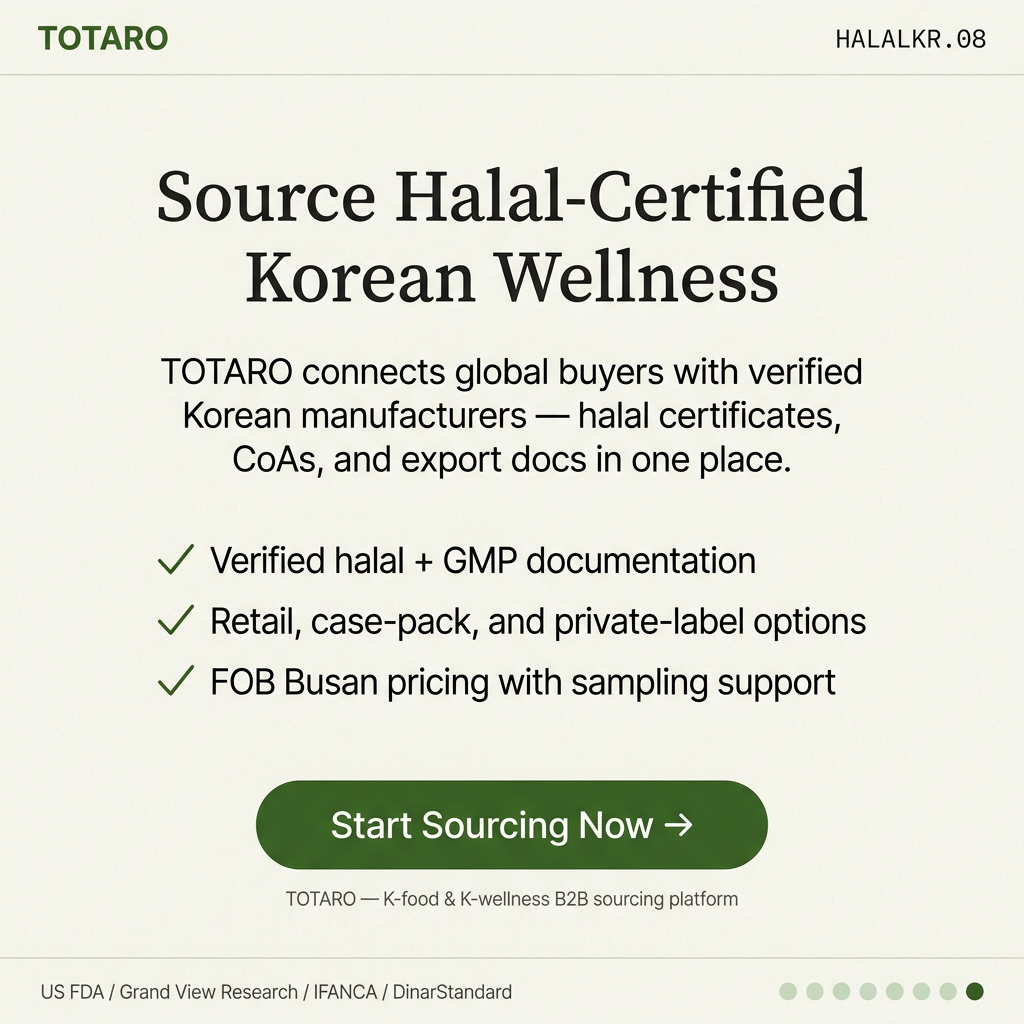 Call-to-action card inviting buyers to source the halal-certified Korean enzyme supplement through TOTARO