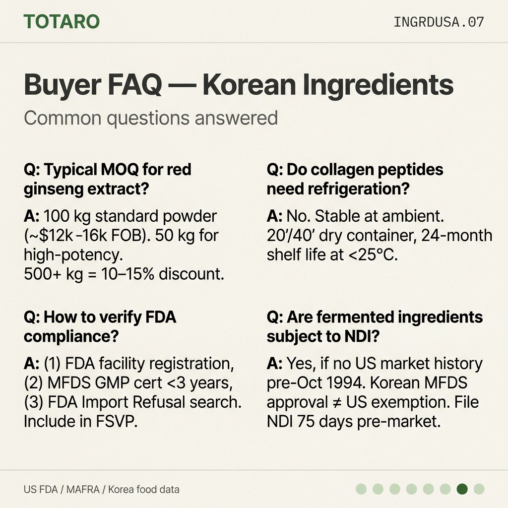 FAQ grid answering four common buyer questions about MOQs, certifications, and compliance