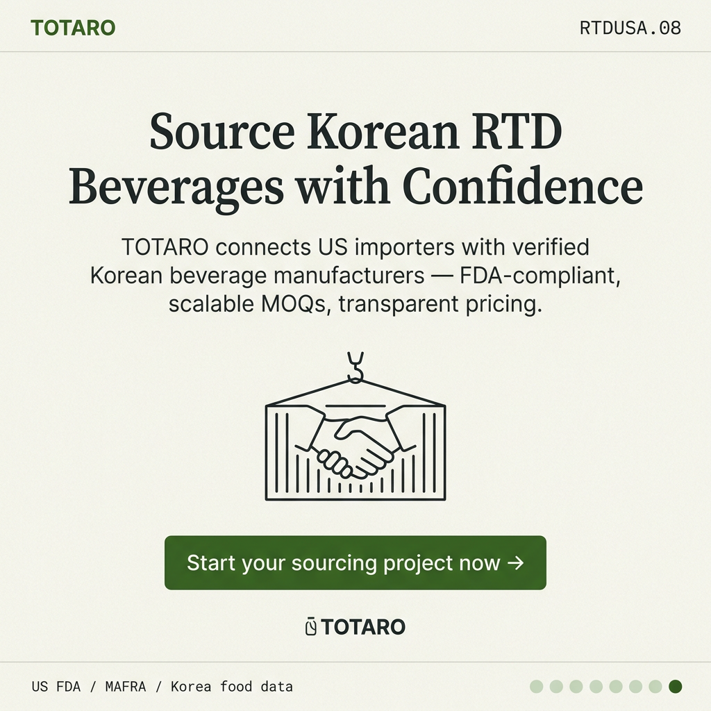 TOTARO call-to-action card for Korean RTD beverage sourcing