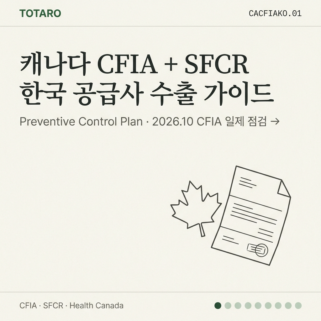 한국 식품 공급사용 캐나다 CFIA + SFCR 수출 가이드 — Preventive Control Plan 의무화와 2026 일제 점검