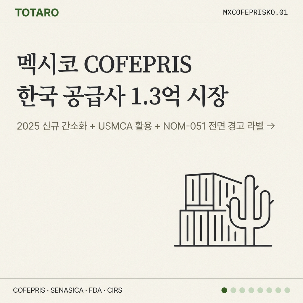 한국 식품 공급사용 멕시코 COFEPRIS 수출 가이드 — 1.3억 인구 + 2025 신규 간소화 + NAFTA/USMCA 활용
