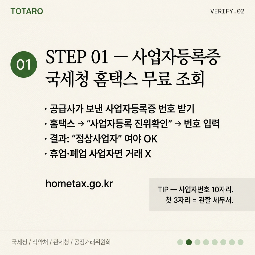 STEP 1 — 사업자등록증 진위 확인 (국세청 홈택스)