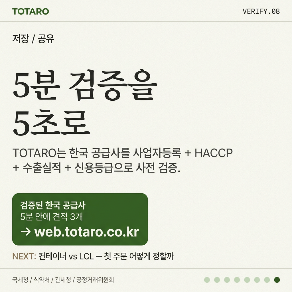 TOTARO — 검증된 한국 공급사 매칭, 5단계 자동