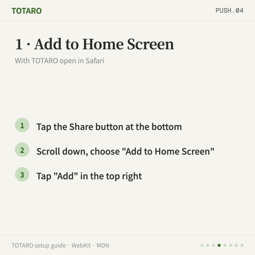 Step 1 — add TOTARO to the Home Screen from Safari