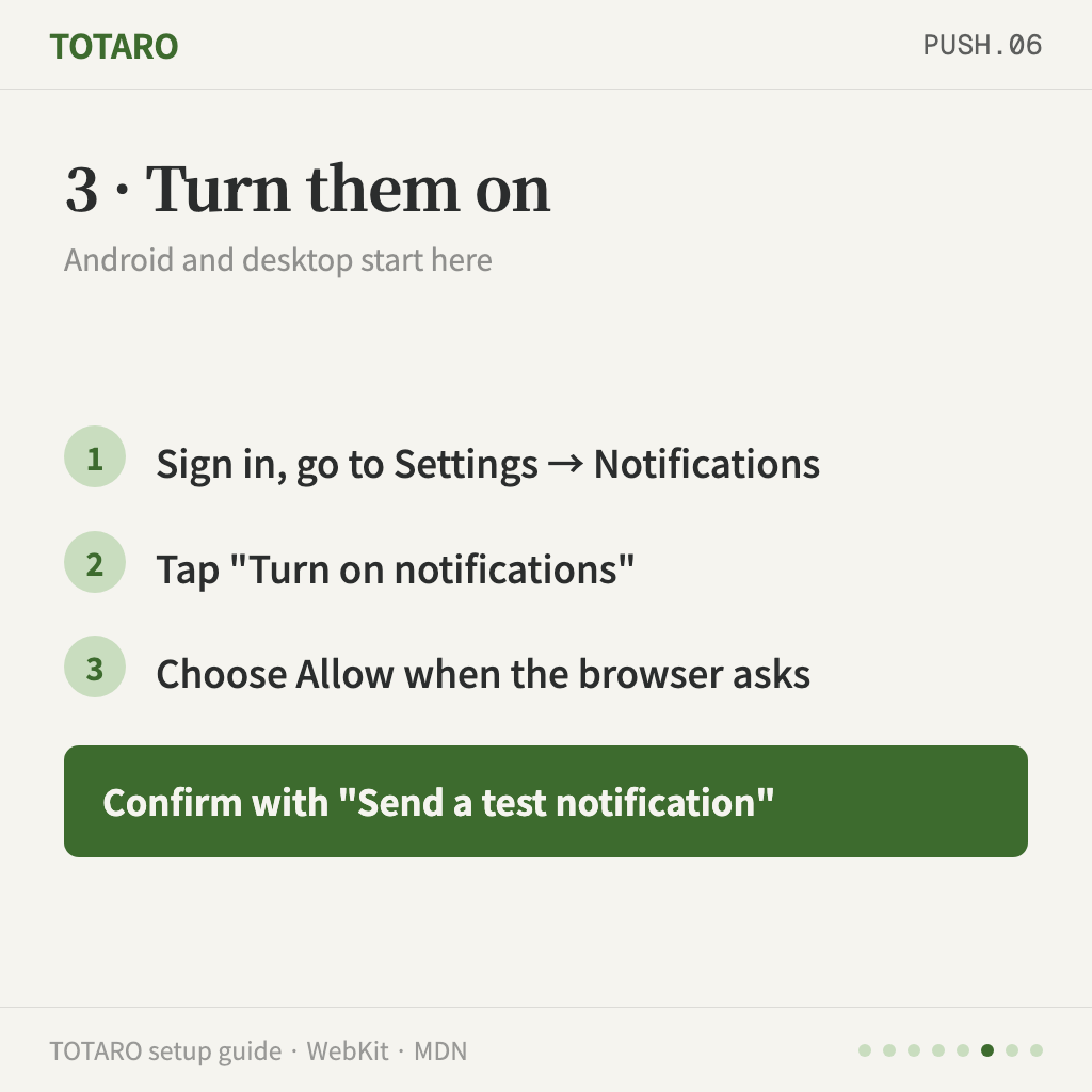 Step 3 — turn notifications on and allow the permission prompt